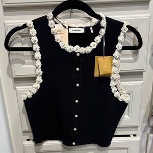 Sandro Black Sleeveless Knit Vest with White Floral Trim and Pearl Buttons